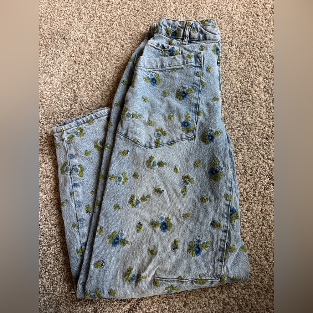 Avec Les Filles Women's Blue Floral Embroidered Relaxed Tapered Jeans | Size 25 - Picture 4 of 11